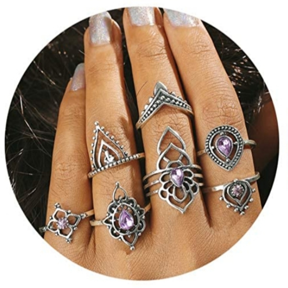 7-Piece Amethyst Vintage/Boho Style Ring Set💜